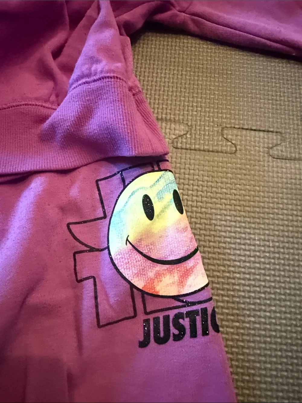 Justice Pink Purple Hoodie & Joggers Set with Smiley Patch